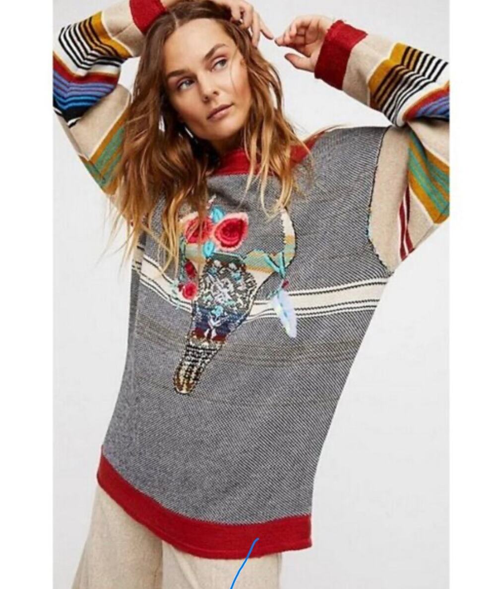 Free People Desert Rose Longhorn Embroidered Skull Sweater Wool Blend WM Small